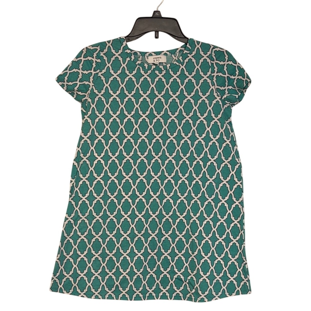Crown‎ & Ivy Teal & White Print Casual Short Sleeve Dress / Top large Great Buy